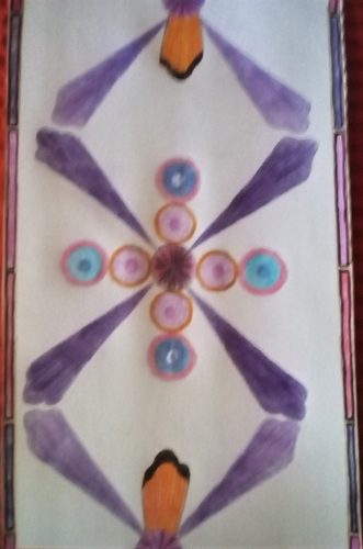 Christine P, purple dancing diamonds wallpaper, coloured pencils & felt pens.
